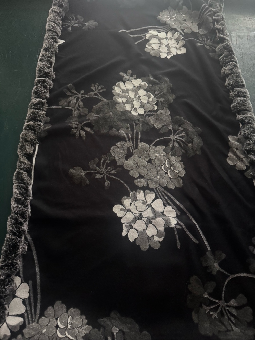 Black Gray and White Floral Velvet Pashima with Genuine Rabbit Fur Trim